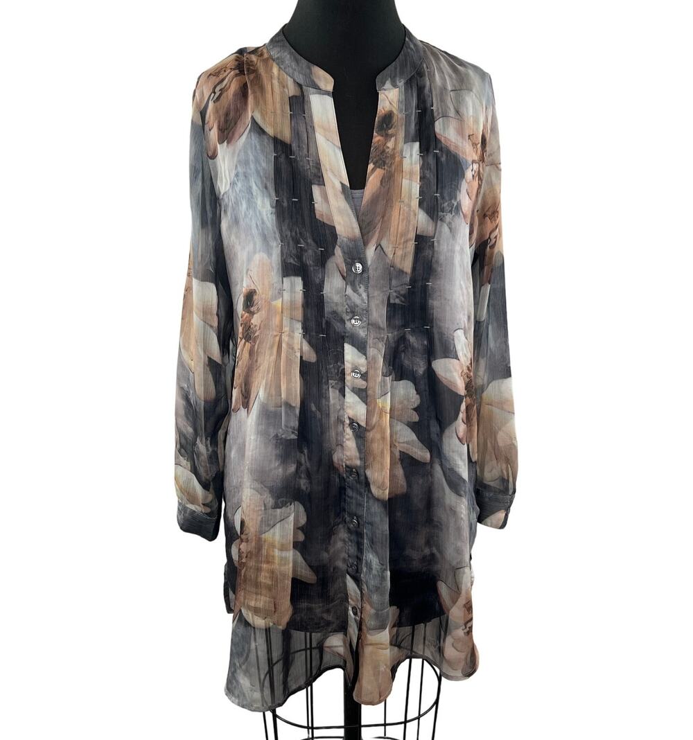 Soft Surroundings Multi Sheer Tunic Top Floral Split Neck Button Front Medium M